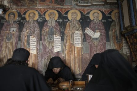 The semiautonomous peninsula of Mount Athos in Northern Greece is the spiritual center of the Eastern Orthodox church.  Monasteries and Cloisters began appearing within its 130 square miles during the 9th century.   Since 1045 women have been prohibited from entering the territory as a sign of respect for the Virgin Mary, after whom the peninsula is dedicated.   Trapeza at the Dohiariou monastery.